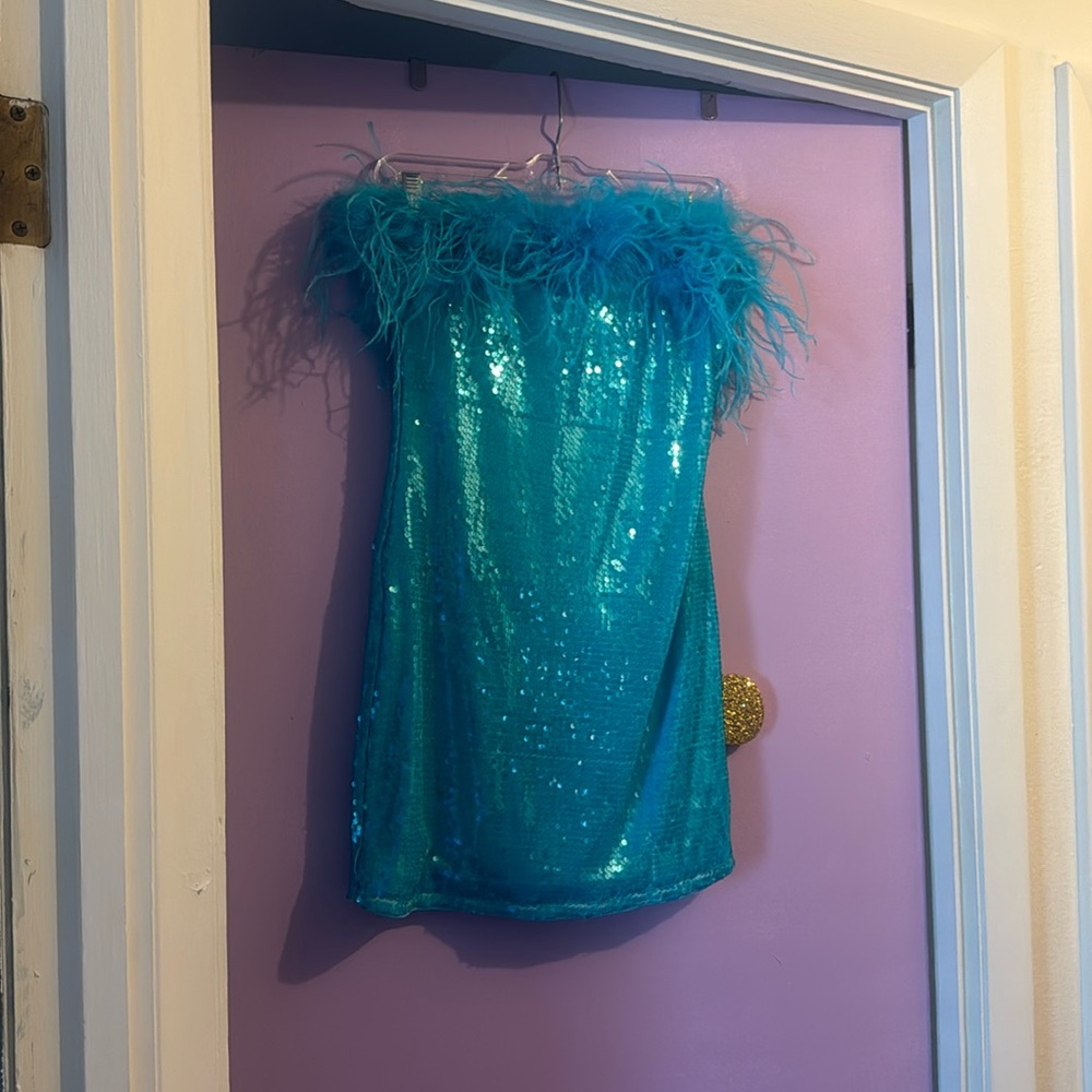 FashionNova Original.  Sequin & Feather Tube Mini